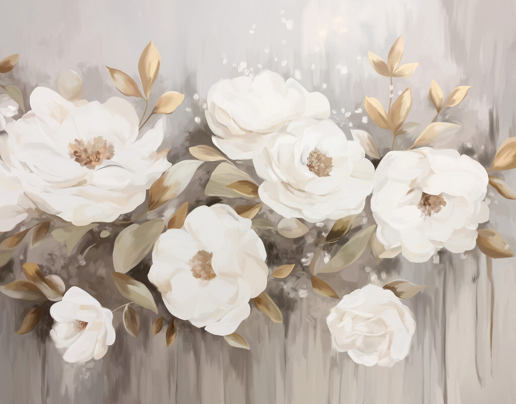 Schilderij van witte bloemen en bladeren Schilderij van witte bloemen en bladeren