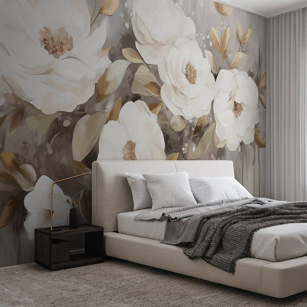 Schilderij van witte bloemen en bladeren Schilderij van witte bloemen en bladeren