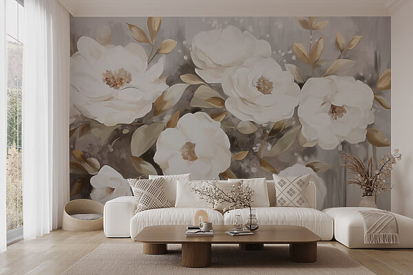 Schilderij van witte bloemen en bladeren Schilderij van witte bloemen en bladeren