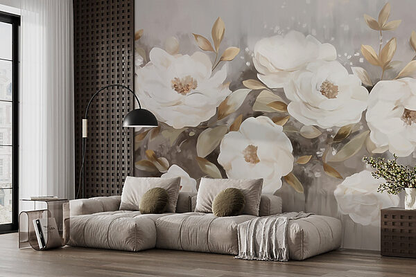 Schilderij van witte bloemen en bladeren Schilderij van witte bloemen en bladeren