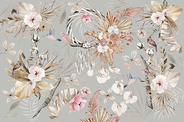 Behang met bloemen en veren Behang met bloemen en veren