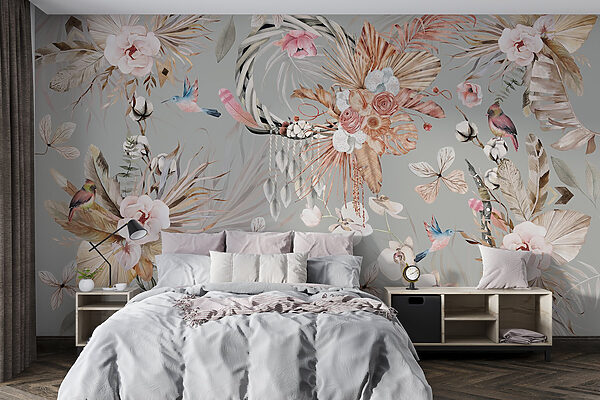 Behang met bloemen en veren Behang met bloemen en veren