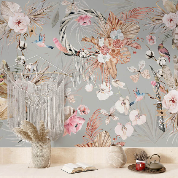 Behang met bloemen en veren Behang met bloemen en veren
