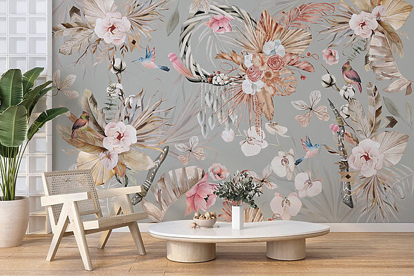 Behang met bloemen en veren Behang met bloemen en veren
