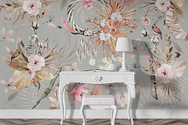 Behang met bloemen en veren Behang met bloemen en veren