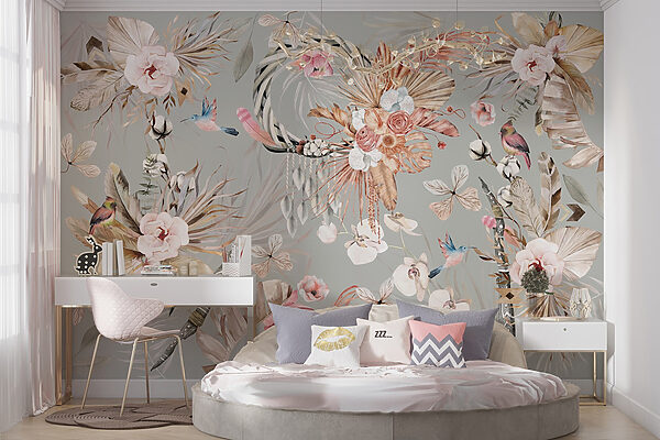 Behang met bloemen en veren Behang met bloemen en veren