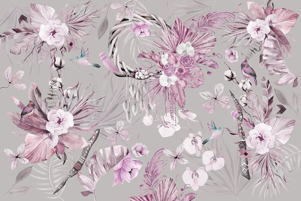 Behang met bloemen en veren Behang met bloemen en veren