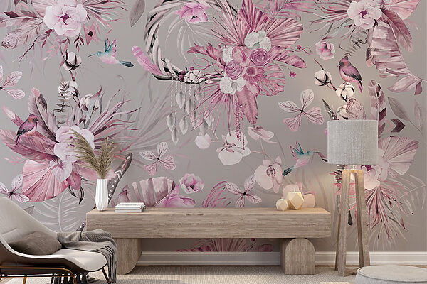 Behang met bloemen en veren Behang met bloemen en veren