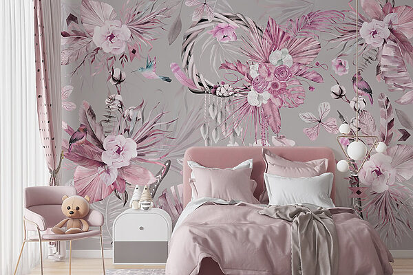 Behang met bloemen en veren Behang met bloemen en veren