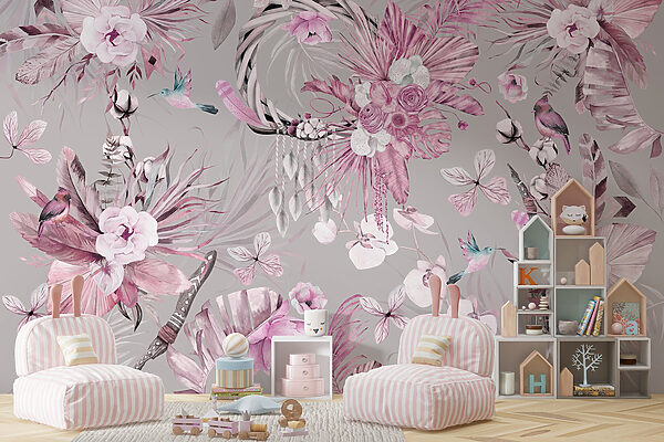 Behang met bloemen en veren Behang met bloemen en veren