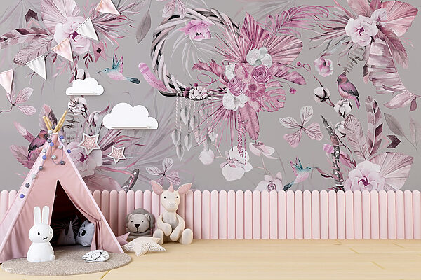 Behang met bloemen en veren Behang met bloemen en veren