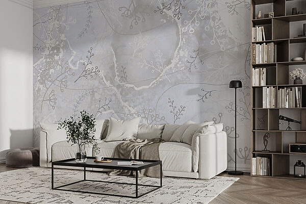Witte en grijze achtergrond met witte en grijze bloemmotieven Fotobehang Witte en grijze achtergrond met witte en grijze bloemmotieven