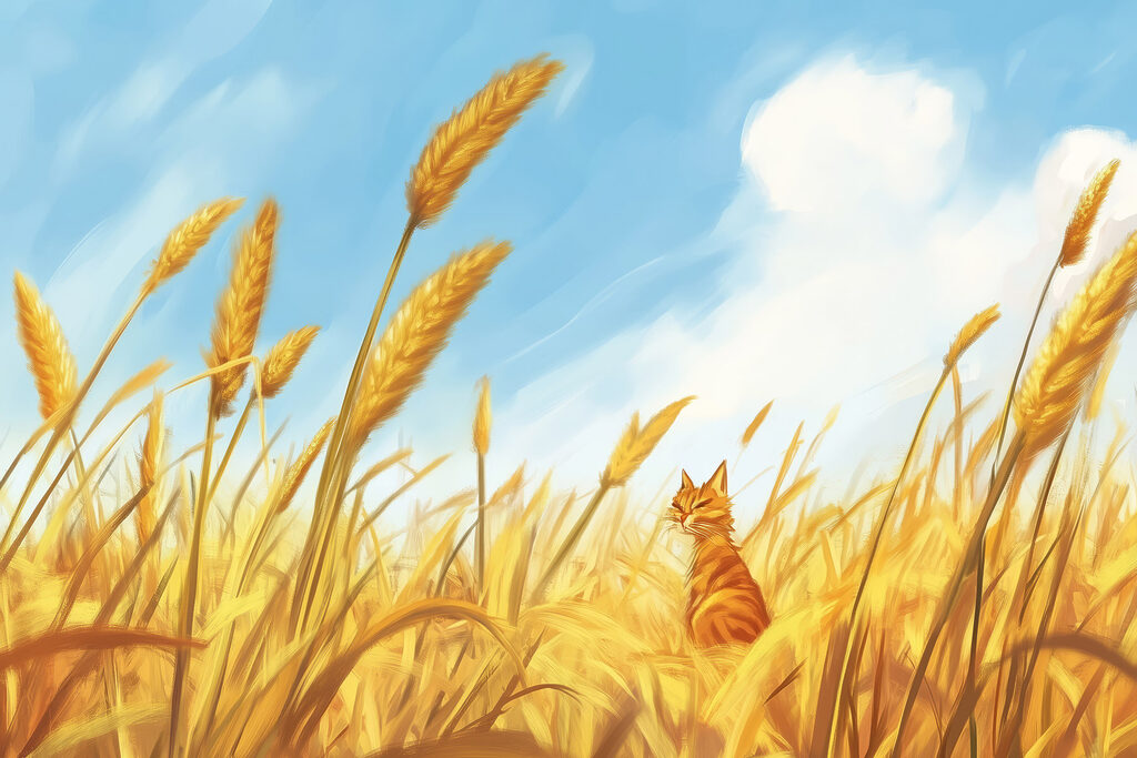 Cat sitting in a wheat field