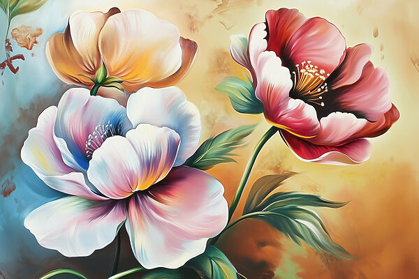 Schilderij van bloemen op gele achtergrond Schilderij van bloemen op gele achtergrond