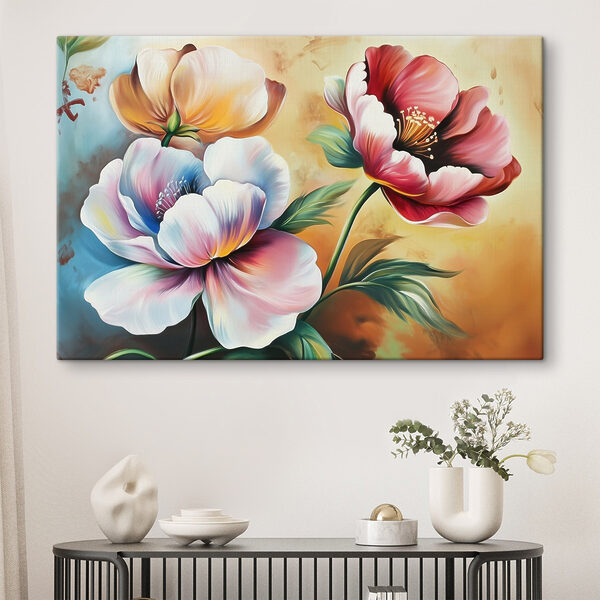 Schilderij van bloemen op gele achtergrond Schilderij van bloemen op gele achtergrond