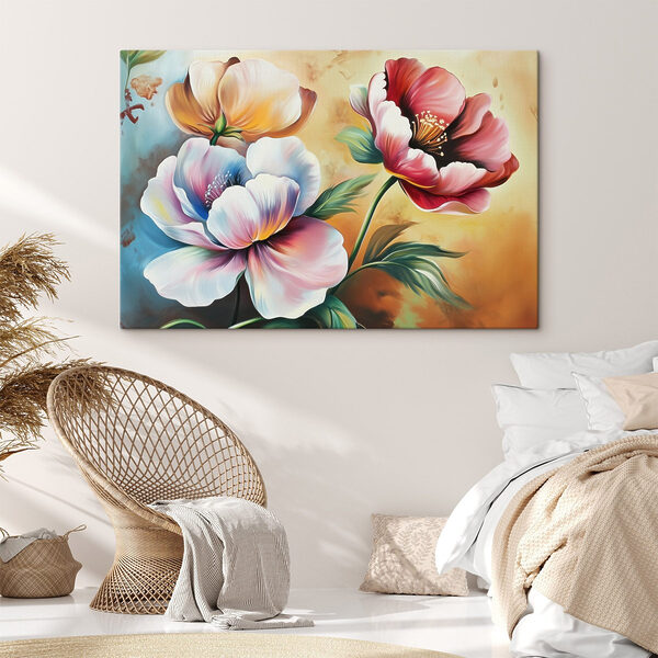 Schilderij van bloemen op gele achtergrond Schilderij van bloemen op gele achtergrond