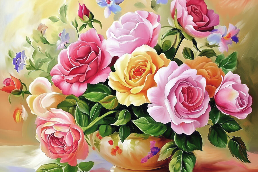 Schilderij van bloemen in een kom Schilderij van bloemen in een kom