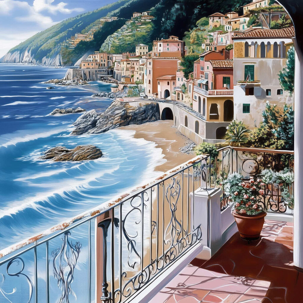 Balcony overlooking a beach and a town