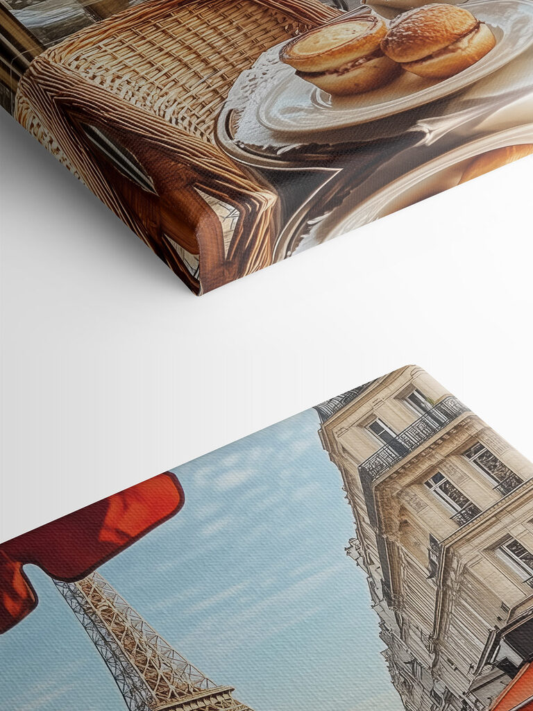 Table with food on it and a table with a tower in the background