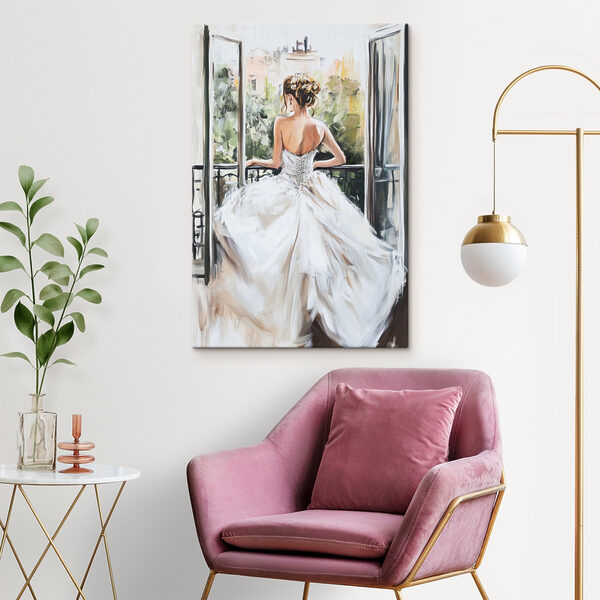 Schilderij van een vrouw in een witte jurk Schilderij van een vrouw in een witte jurk