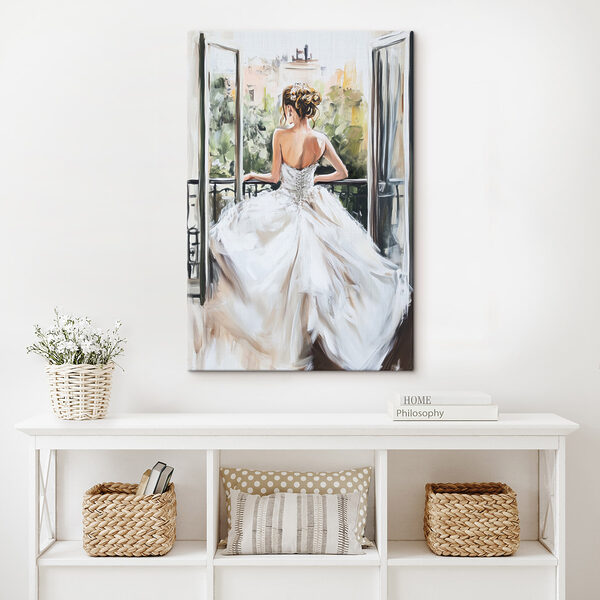 Schilderij van een vrouw in een witte jurk Schilderij van een vrouw in een witte jurk