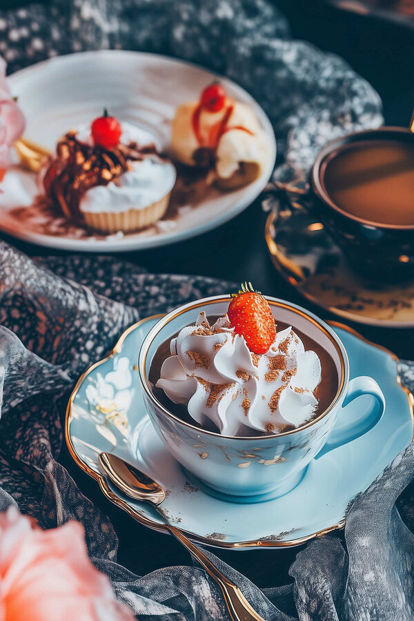 Kopje koffie met slagroom en aardbeien Kopje koffie met slagroom en aardbeien