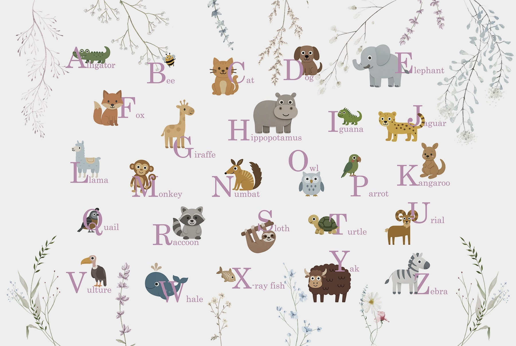 Wallpaper with animals and letters