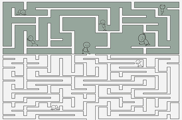 Doolhofspel met cartoonfiguren die door het doolhof lopen Doolhofspel met cartoonfiguren die door het doolhof lopen