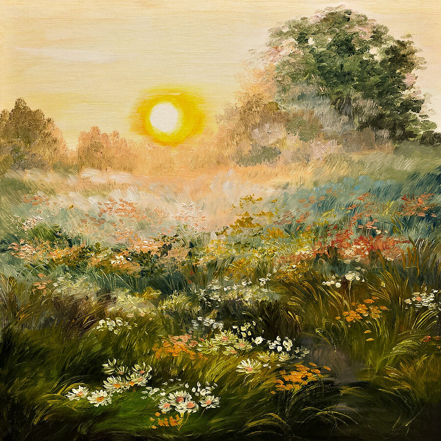 Schilderij van een bloemenveld Schilderij van een bloemenveld