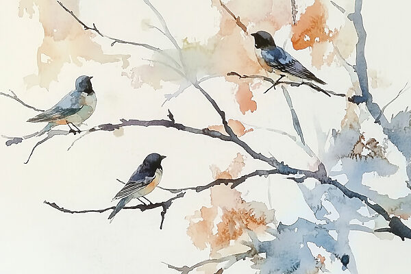Aquarel van vogels op een boomtak Aquarel van vogels op een boomtak