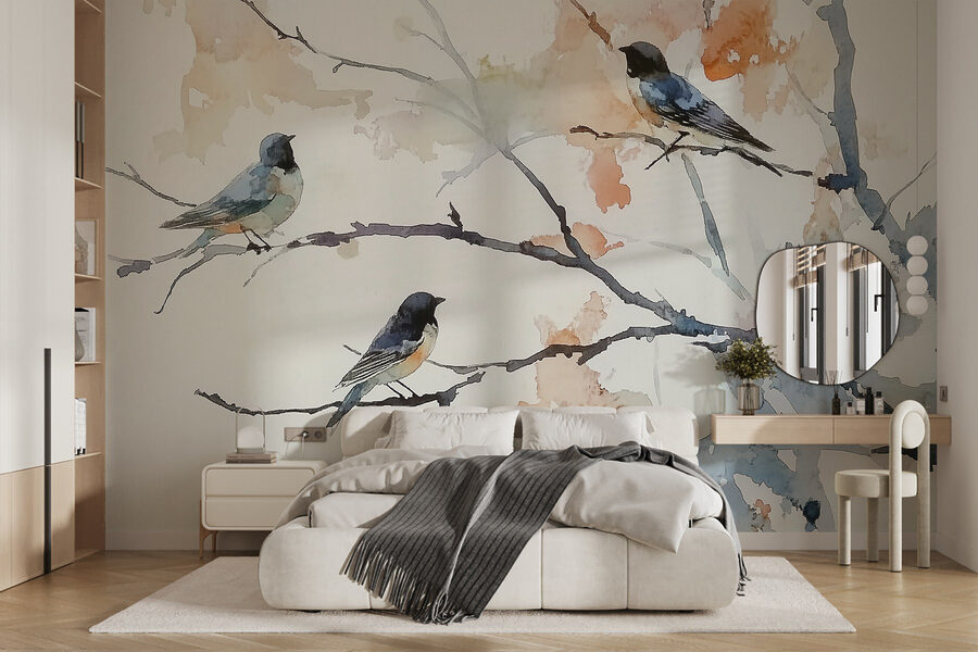 Aquarel van vogels op een boomtak Aquarel van vogels op een boomtak