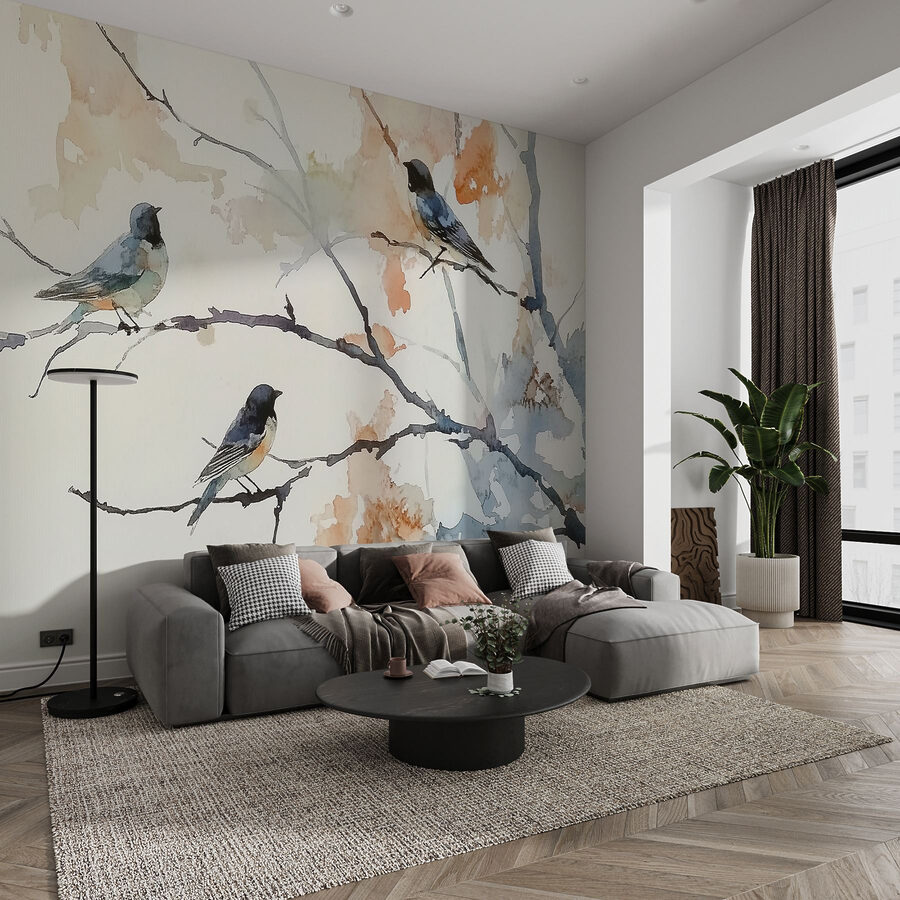 Aquarel van vogels op een boomtak Aquarel van vogels op een boomtak