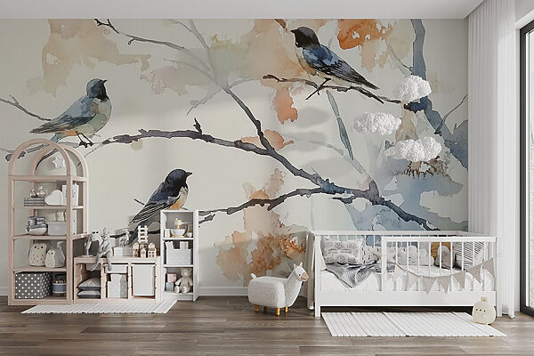 Aquarel van vogels op een boomtak Aquarel van vogels op een boomtak
