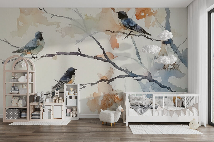 Aquarel van vogels op een boomtak Aquarel van vogels op een boomtak