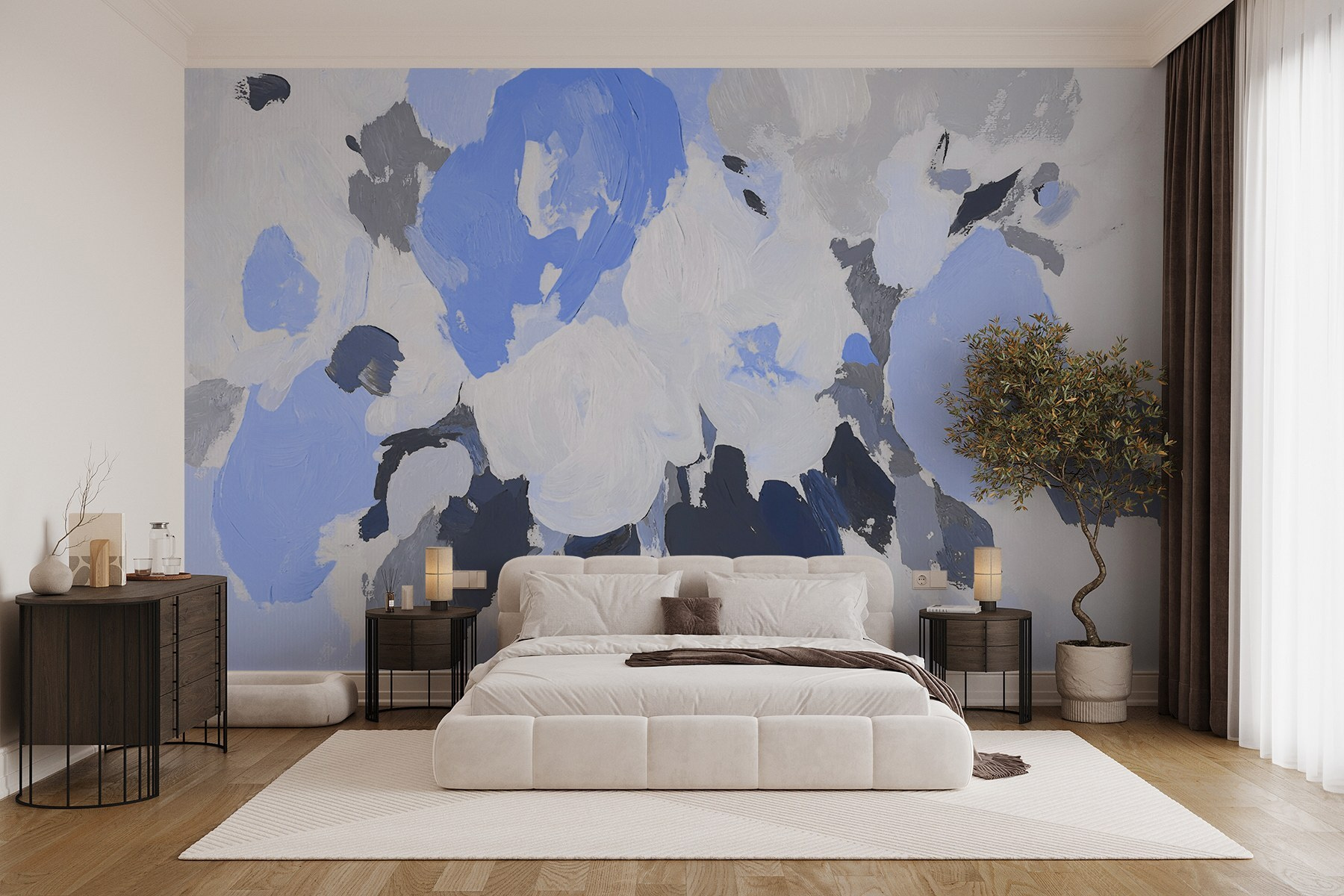 Schilderij van bloemen in blauw en grijs w09070v2pib1mr - Schilderij van bloemen in blauw en grijs - tegory