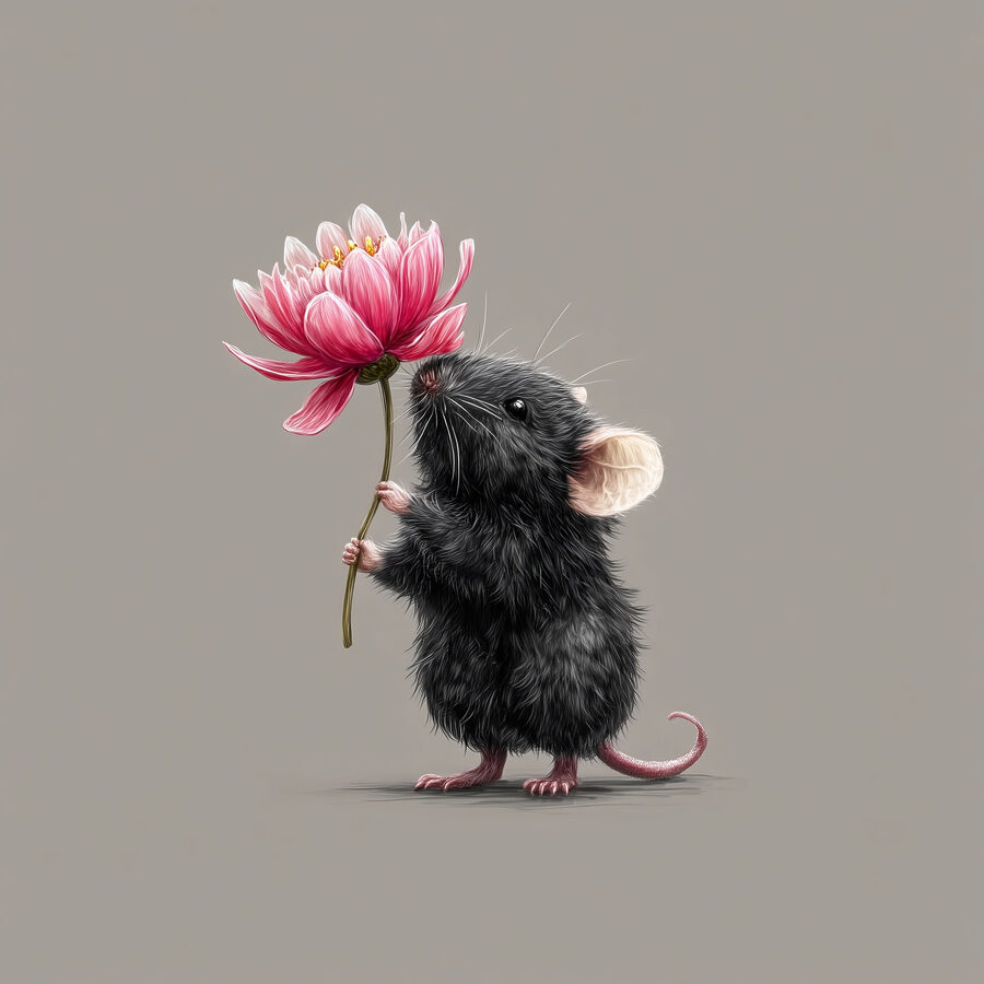 Muis die een bloem vasthoudt