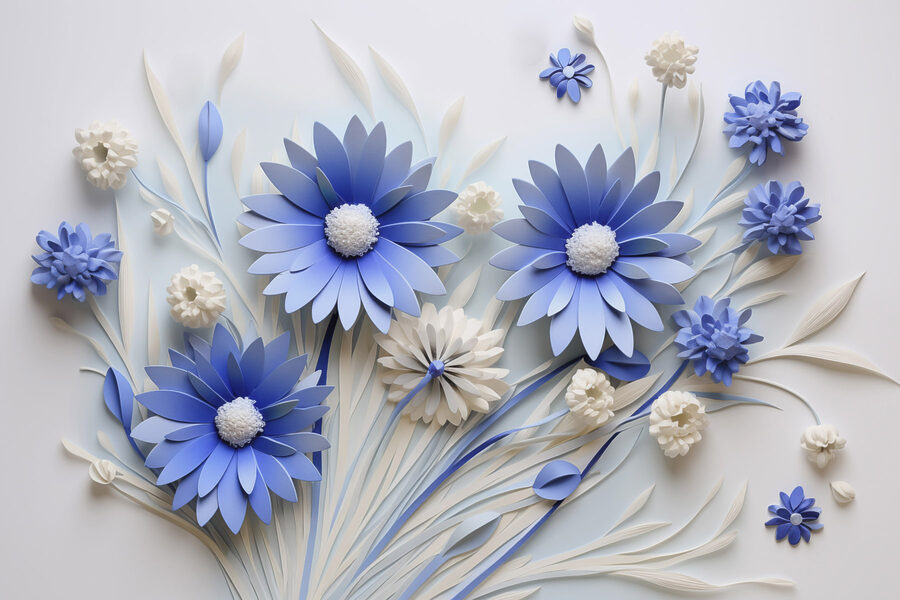 Blauwe en witte papieren bloemen