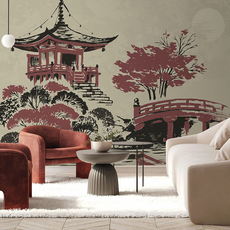 Een schilderij van een pagode en een brug