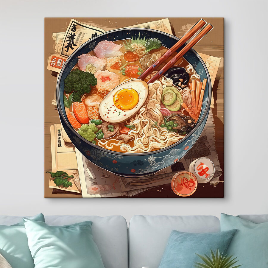 Een kom ramen met stokjes en een ei