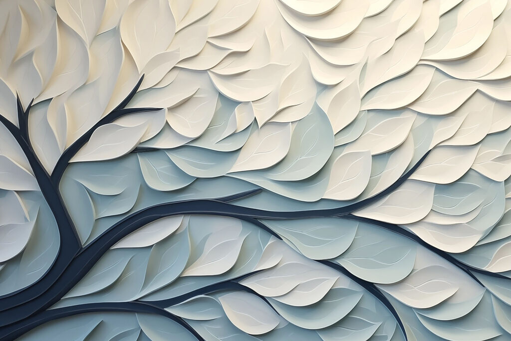 Witte en blauwe boom met bladeren Witte en blauwe boom met bladeren