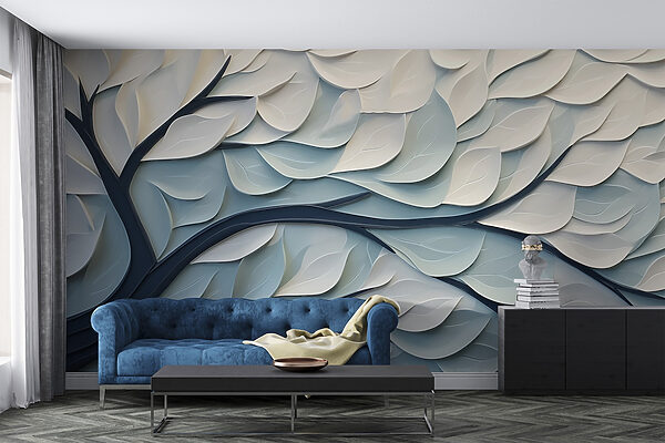 Witte en blauwe boom met bladeren Witte en blauwe boom met bladeren