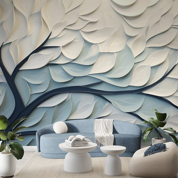 Witte en blauwe boom met bladeren Witte en blauwe boom met bladeren