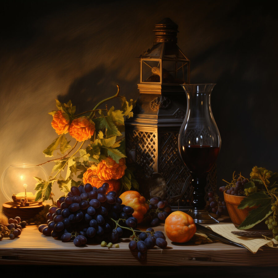 Stilleven met fruit en een kaars