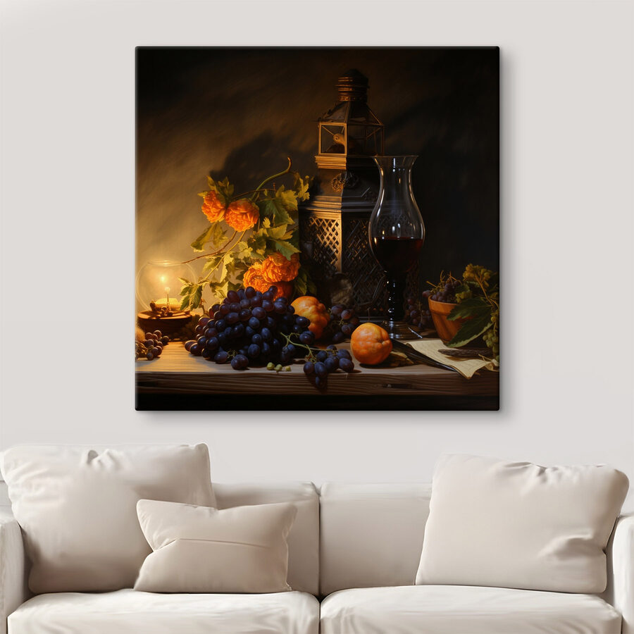 Stilleven met fruit en een kaars