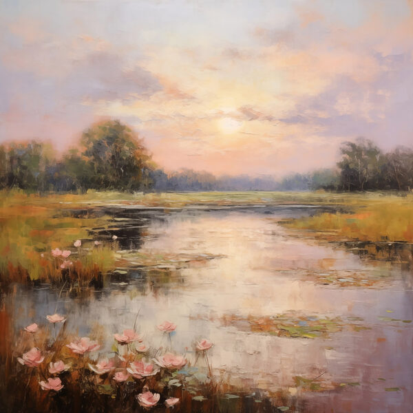 Schilderij van een meer met bloemen Schilderij van een meer met bloemen