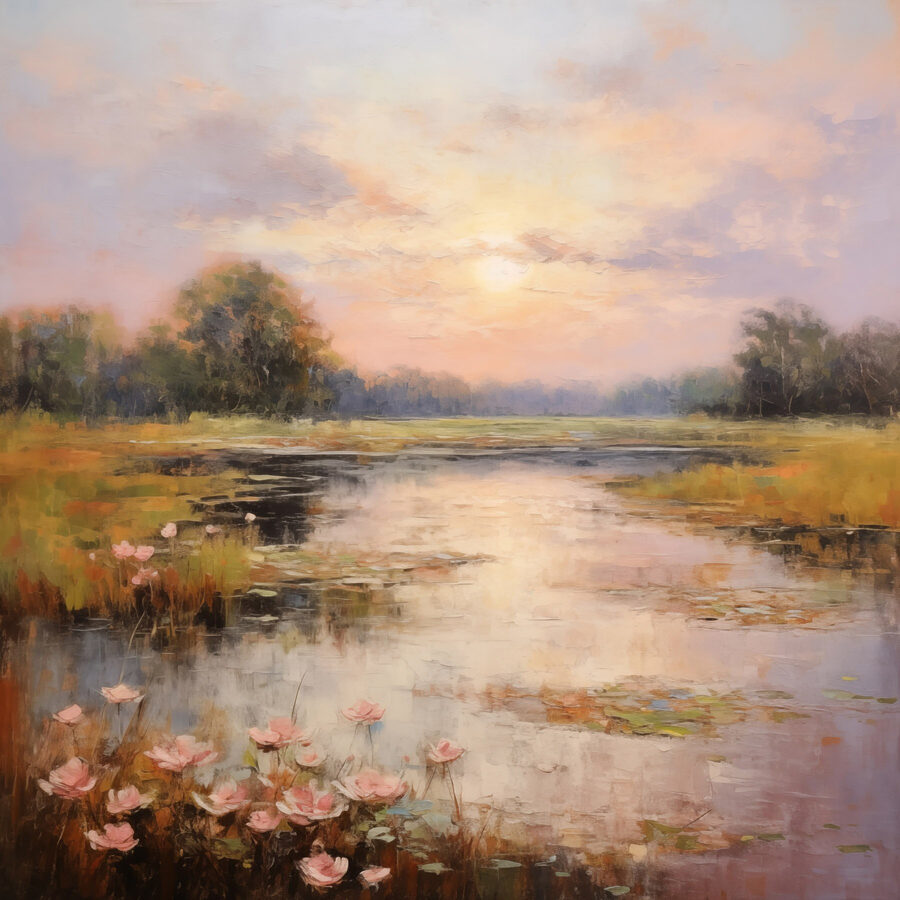 Schilderij van een meer met bloemen