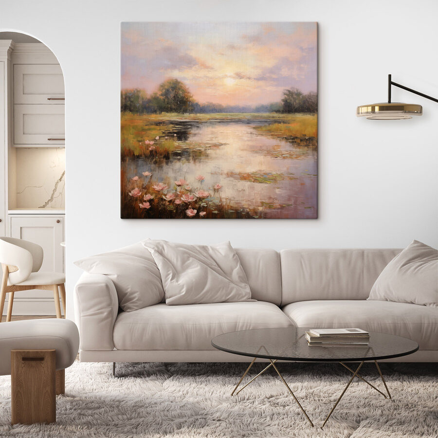 Schilderij van een meer met bloemen