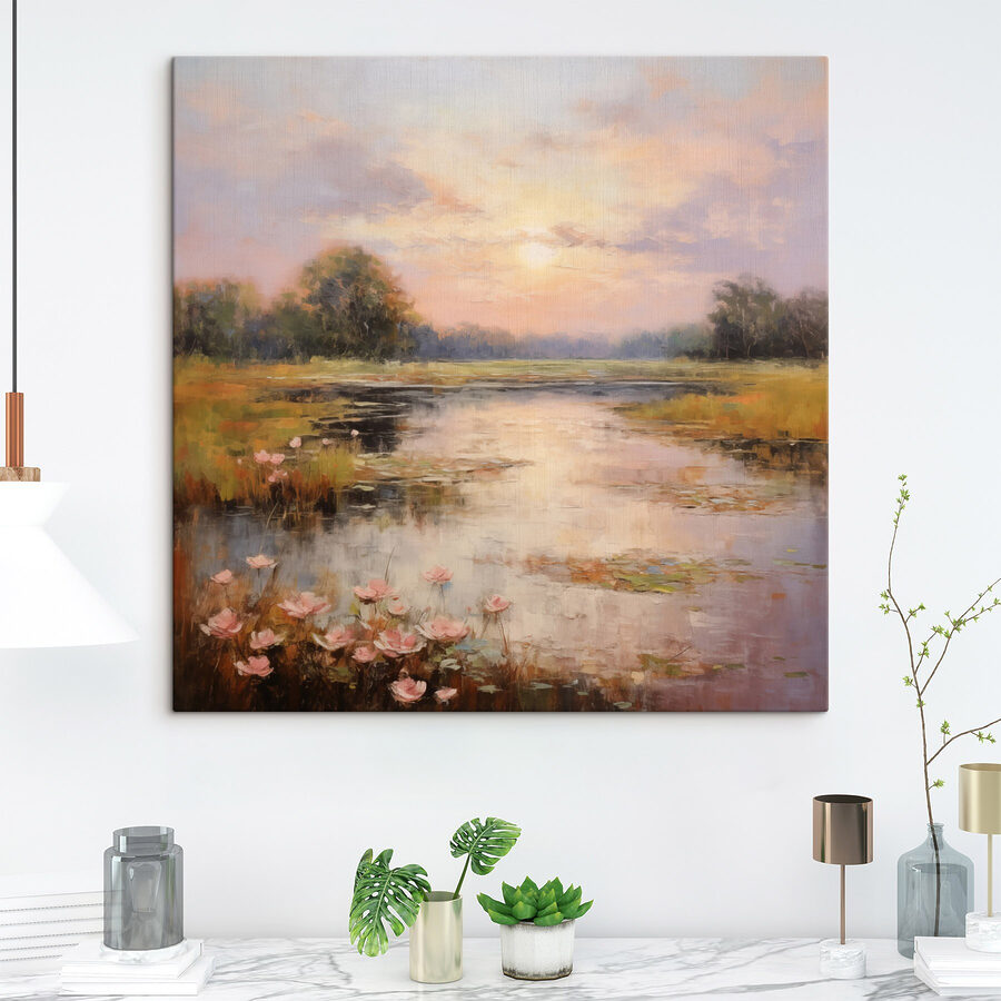 Schilderij van een meer met bloemen