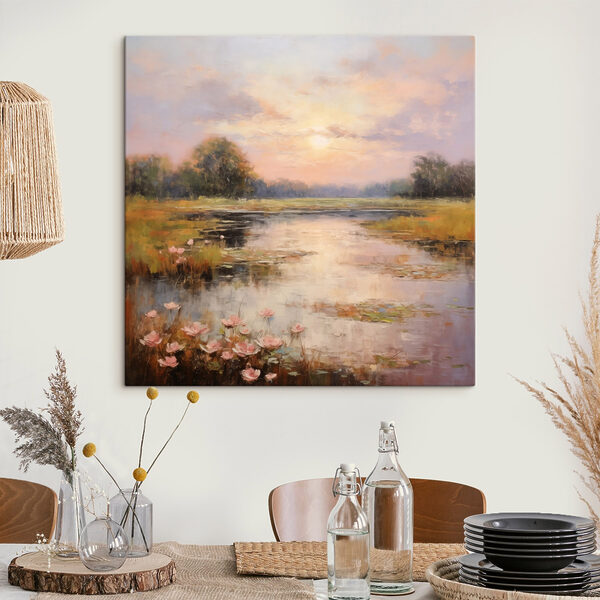 Schilderij van een meer met bloemen Schilderij van een meer met bloemen