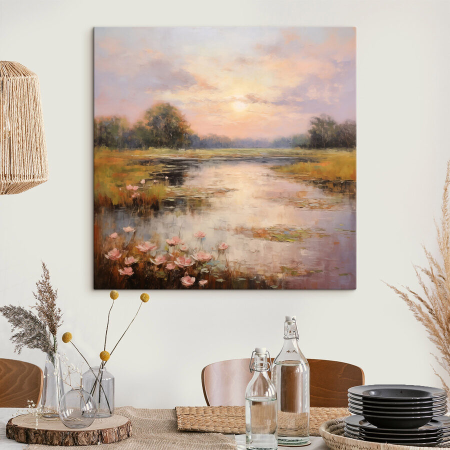 Schilderij van een meer met bloemen